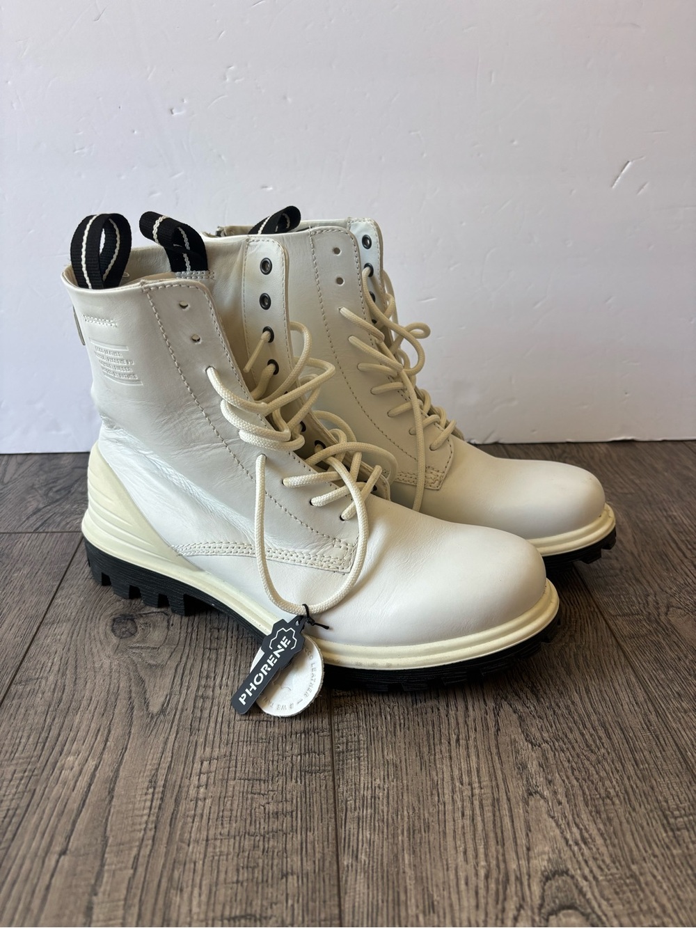 Ecco white leather Lace-Up Combat Boots with Black Heel Tabs
